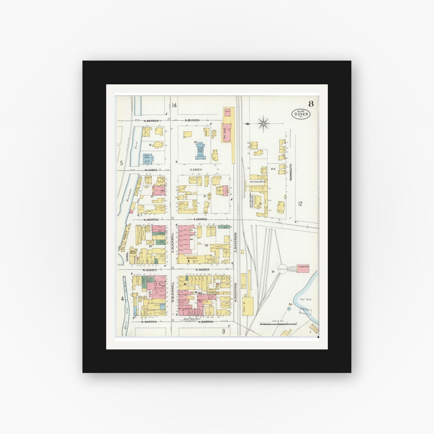 Old map wall art mockup — black gallery frame with white mat — Sanborn Fire Insurance Map from Dover, Morris County, New Jersey (1900), Sheet #0008