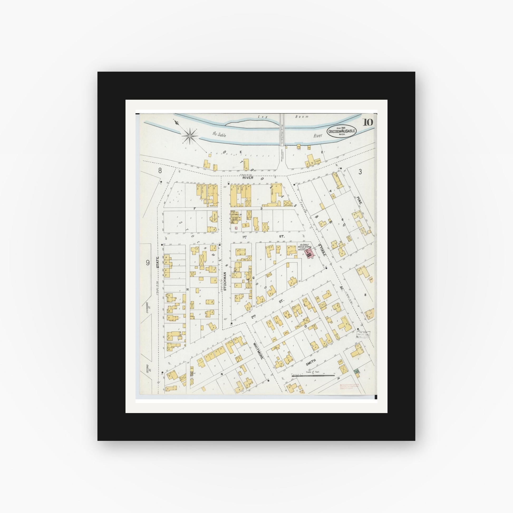 Old map wall art mockup — black gallery frame with white mat — Sanborn Fire Insurance Map from Oscoda, Iosco County, Michigan (1901), Sheet #0010