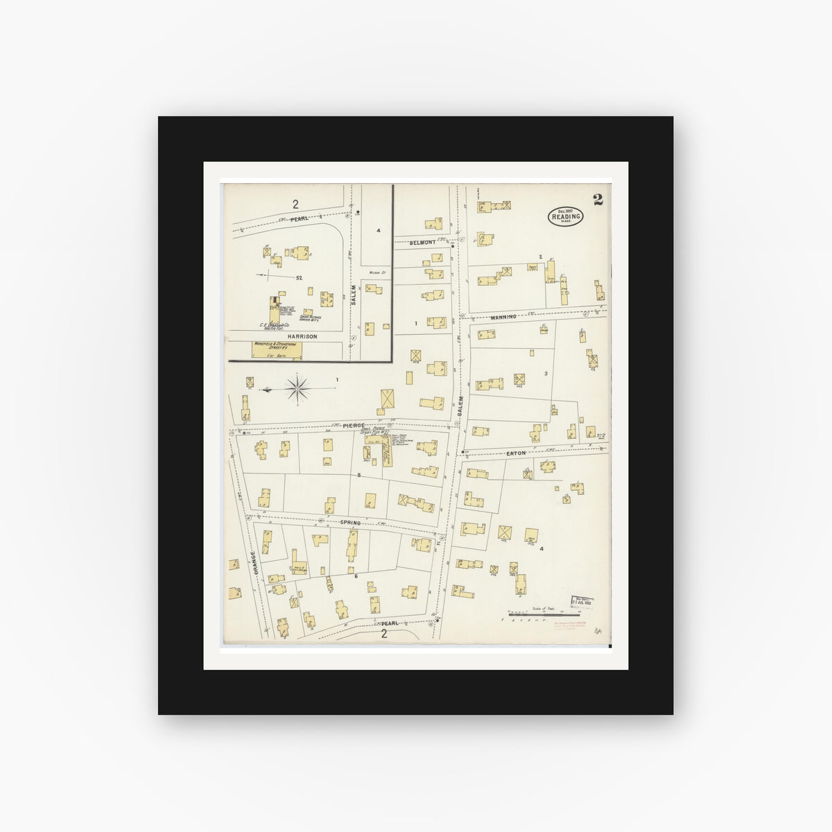 Old map wall art mockup — black gallery frame with white mat — Sanborn Fire Insurance Map from Reading, Middlesex County, Massachusetts (1897), Sheet #0002