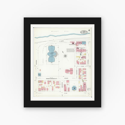 Old map wall art mockup — black gallery frame with white mat — Sanborn Fire Insurance Map from Jefferson City, Cole County, Missouri (1908), Sheet #0004