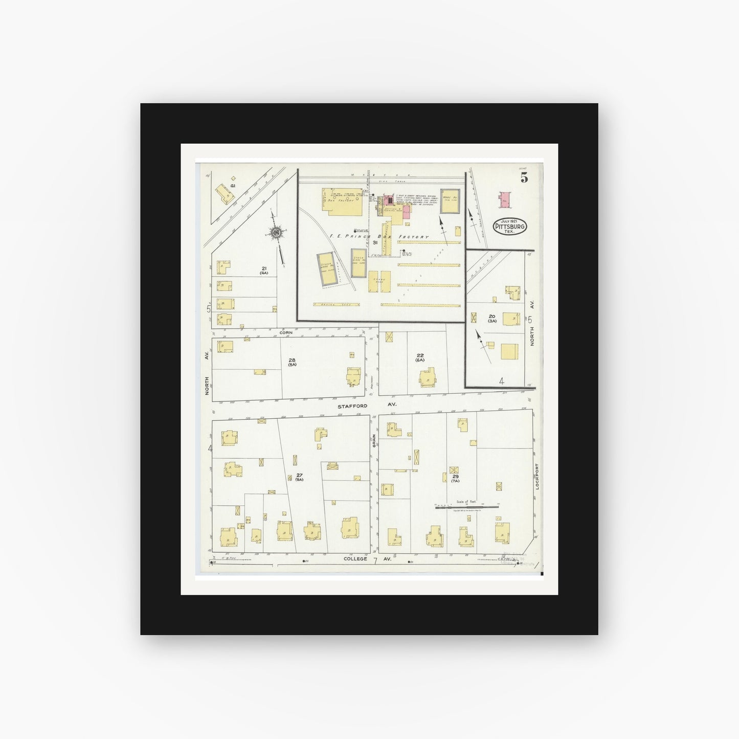 Old map wall art mockup — black gallery frame with white mat — Sanborn Fire Insurance Map from Pittsburg, Camp County, Texas (1921), Sheet #0005