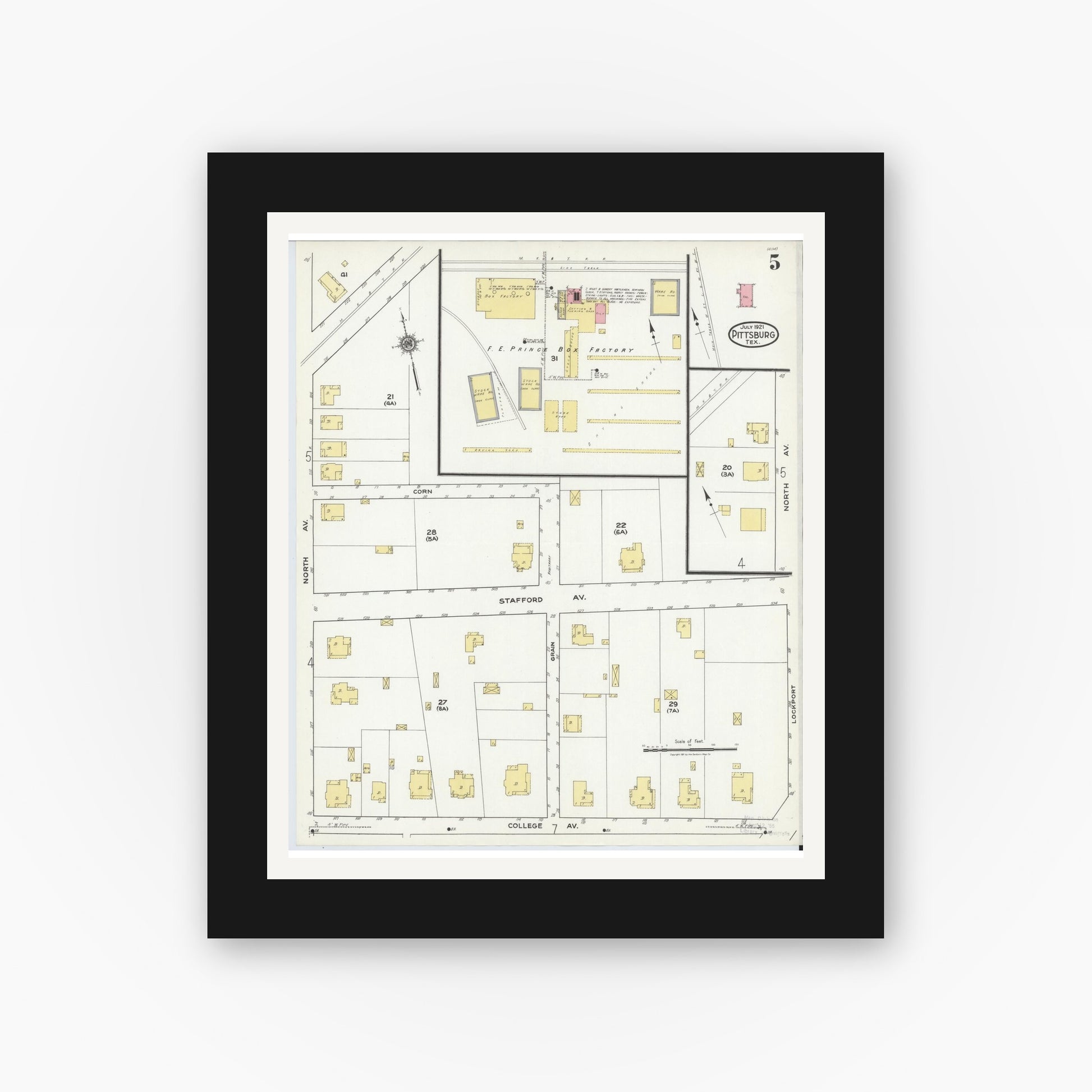 Old map wall art mockup — black gallery frame with white mat — Sanborn Fire Insurance Map from Pittsburg, Camp County, Texas (1921), Sheet #0005