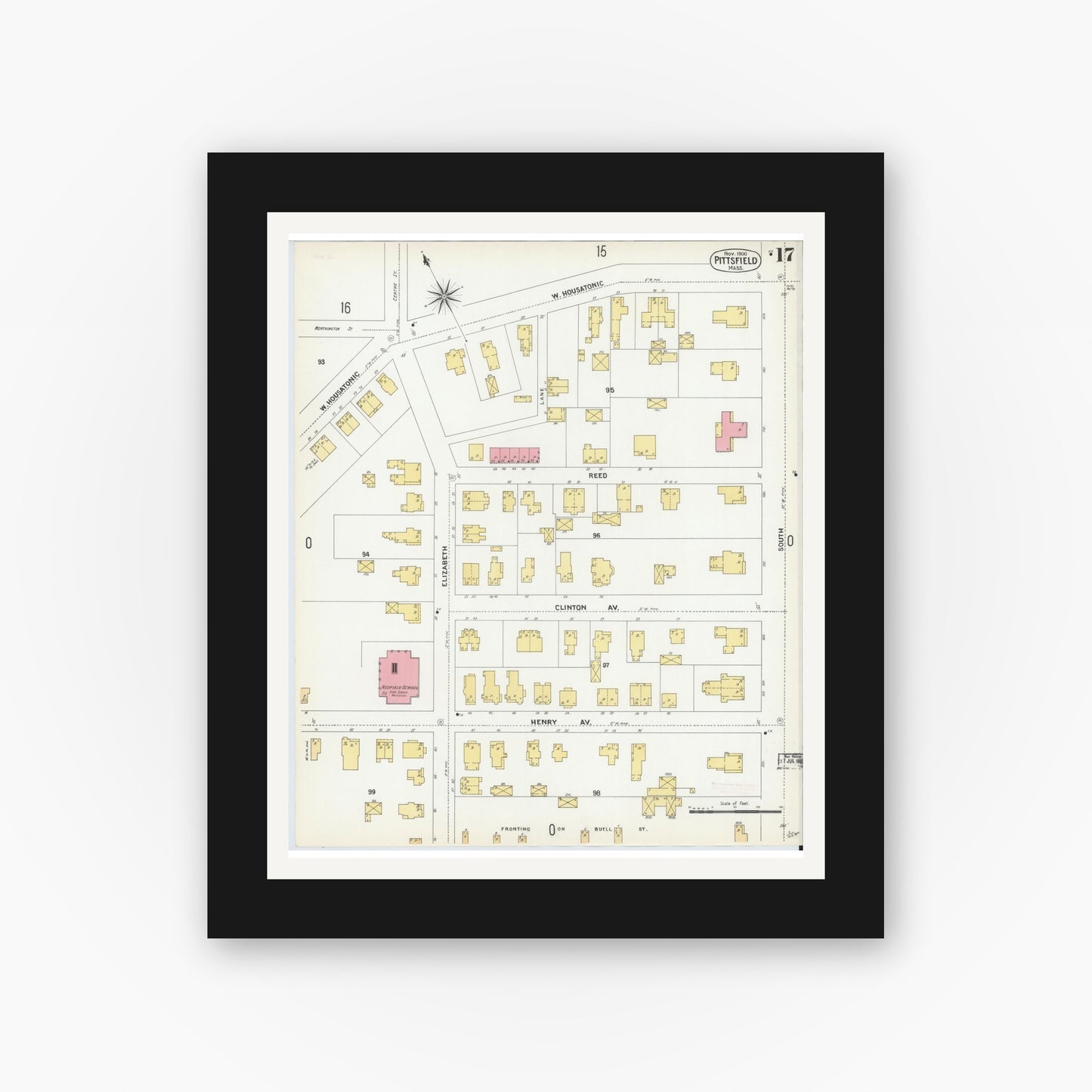 Old map wall art mockup — black gallery frame with white mat — Sanborn Fire Insurance Map from Pittsfield, Berkshire County, Massachusetts (1900), Sheet #0017