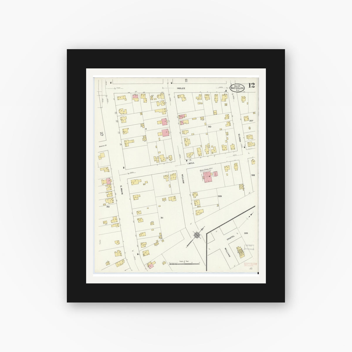 Old map wall art mockup — black gallery frame with white mat — Sanborn Fire Insurance Map from Waterloo, Seneca County, New York (1911), Sheet #0012