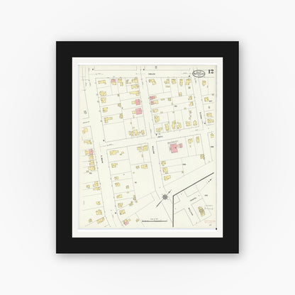 Old map wall art mockup — black gallery frame with white mat — Sanborn Fire Insurance Map from Waterloo, Seneca County, New York (1911), Sheet #0012