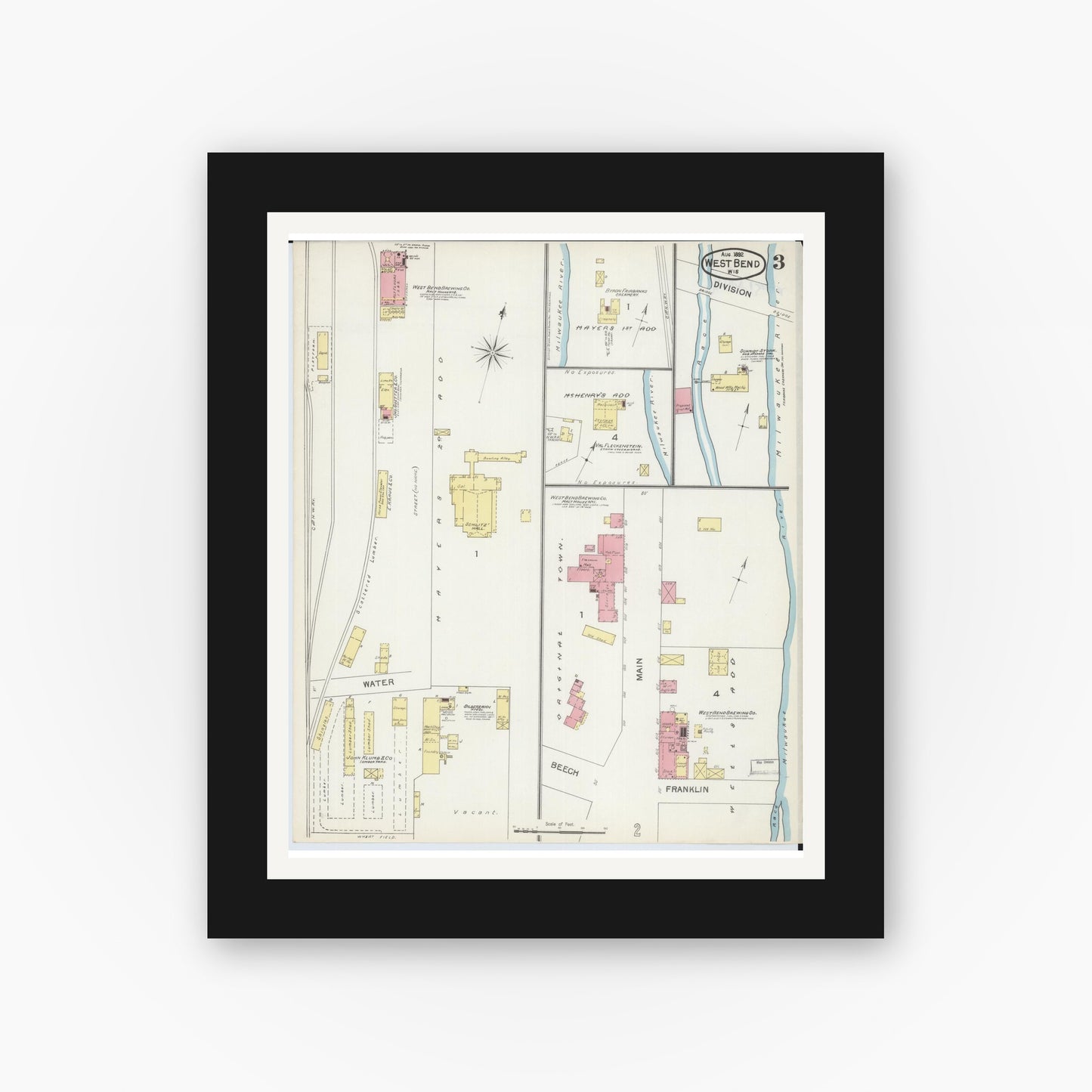 Old map wall art mockup — black gallery frame with white mat — Sanborn Fire Insurance Map from West Bend, Washington County, Wisconsin (1892), Sheet #0003