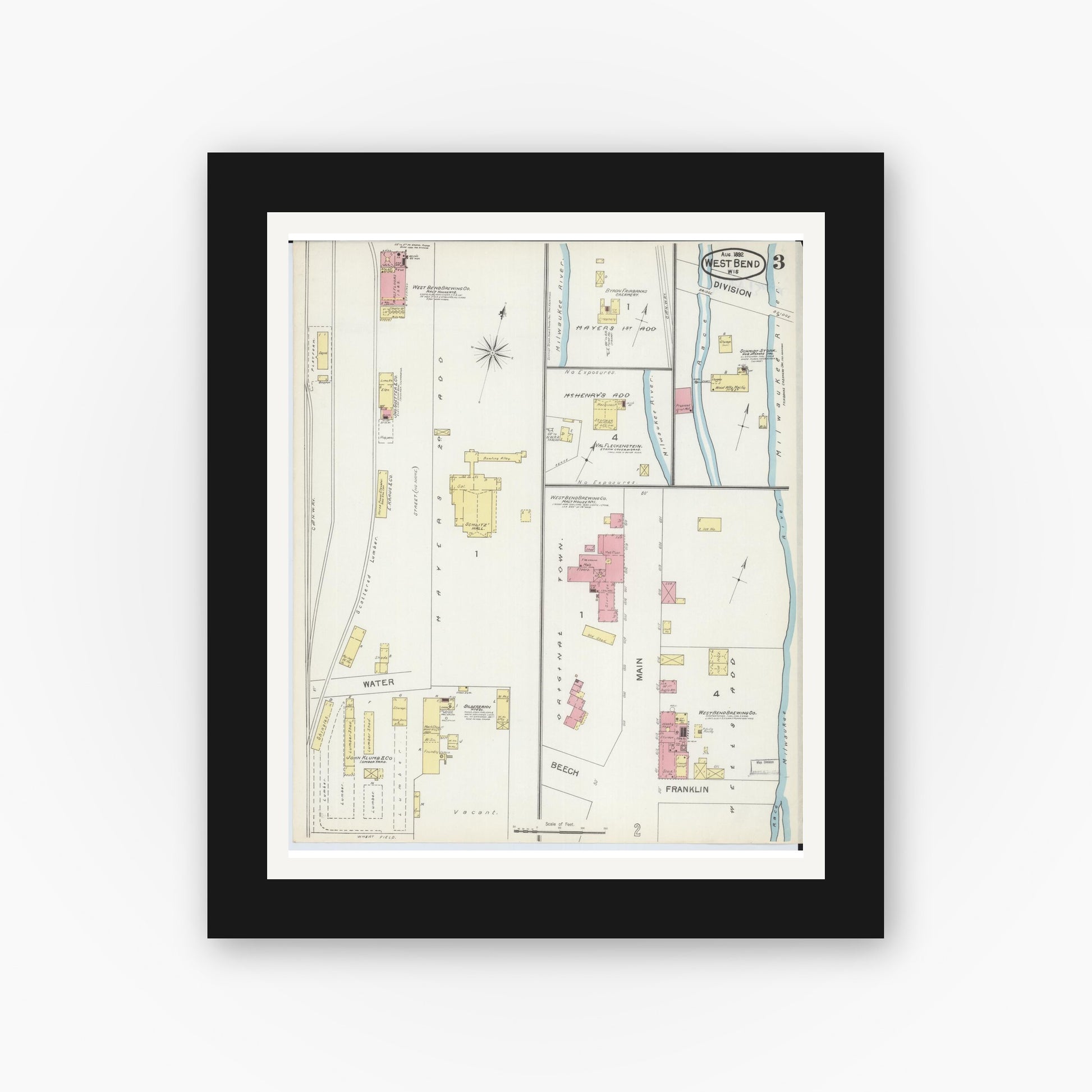 Old map wall art mockup — black gallery frame with white mat — Sanborn Fire Insurance Map from West Bend, Washington County, Wisconsin (1892), Sheet #0003