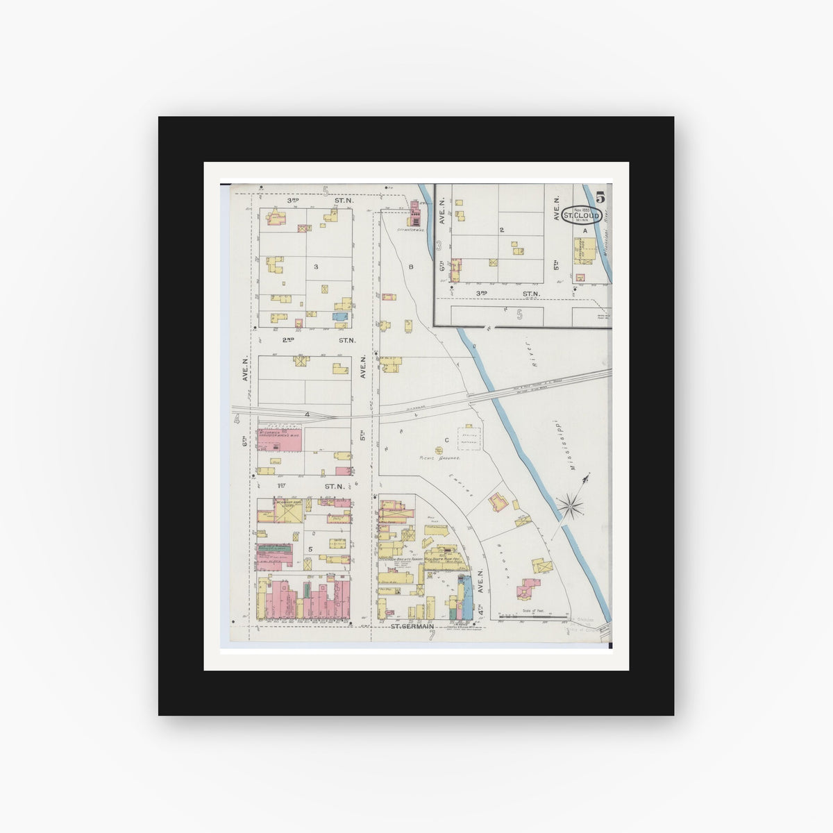Old map wall art mockup — black gallery frame with white mat — Sanborn Fire Insurance Map from Saint Cloud, Stearns, Benton, and Sherburne Counties, Minnesota (1893), Sheet #0005