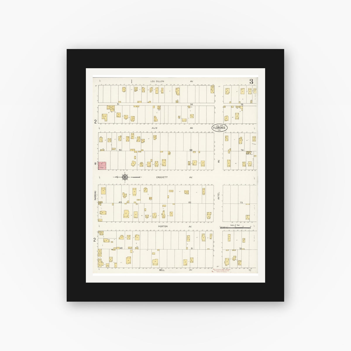Old map wall art mockup — black gallery frame with white mat — Sanborn Fire Insurance Map from Florence, Los Angeles County, California (1913), Sheet #0003
