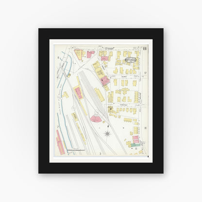 Old map wall art mockup — black gallery frame with white mat — Sanborn Fire Insurance Map from North Adams, Berkshire County, Massachusetts (1908), Sheet #0011