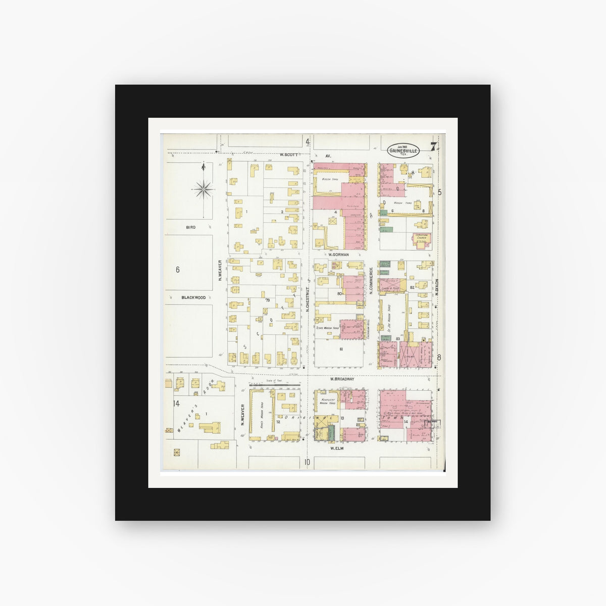 Old map wall art mockup — black gallery frame with white mat — Sanborn Fire Insurance Map from Gainesville, Cooke County, Texas (1902), Sheet #0007