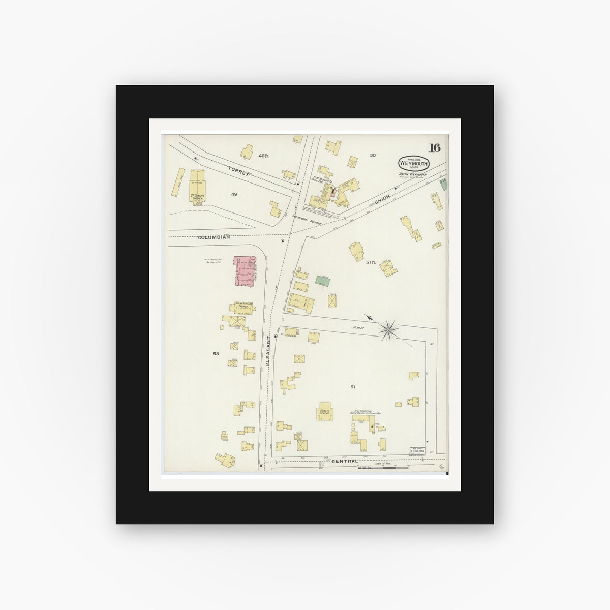 Old map wall art mockup — black gallery frame with white mat — Sanborn Fire Insurance Map from Weymouth, Norfolk County, Massachusetts (1894), Sheet #0016
