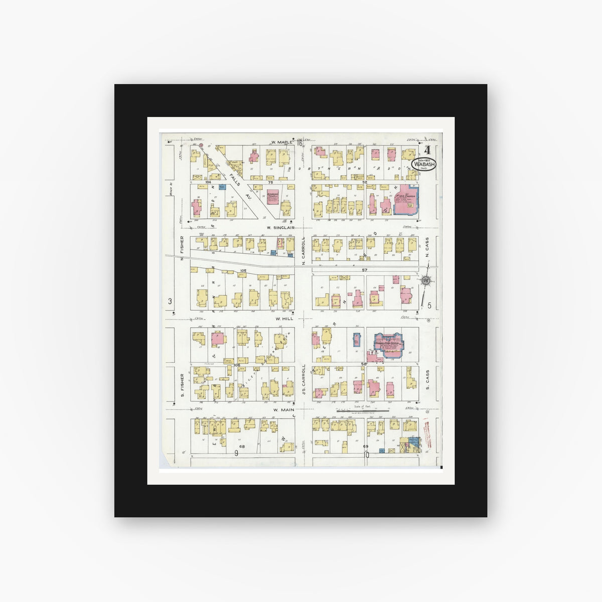 Old map wall art mockup — black gallery frame with white mat — Sanborn Fire Insurance Map from Wabash, Wabash County, Indiana (1920), Sheet #0004