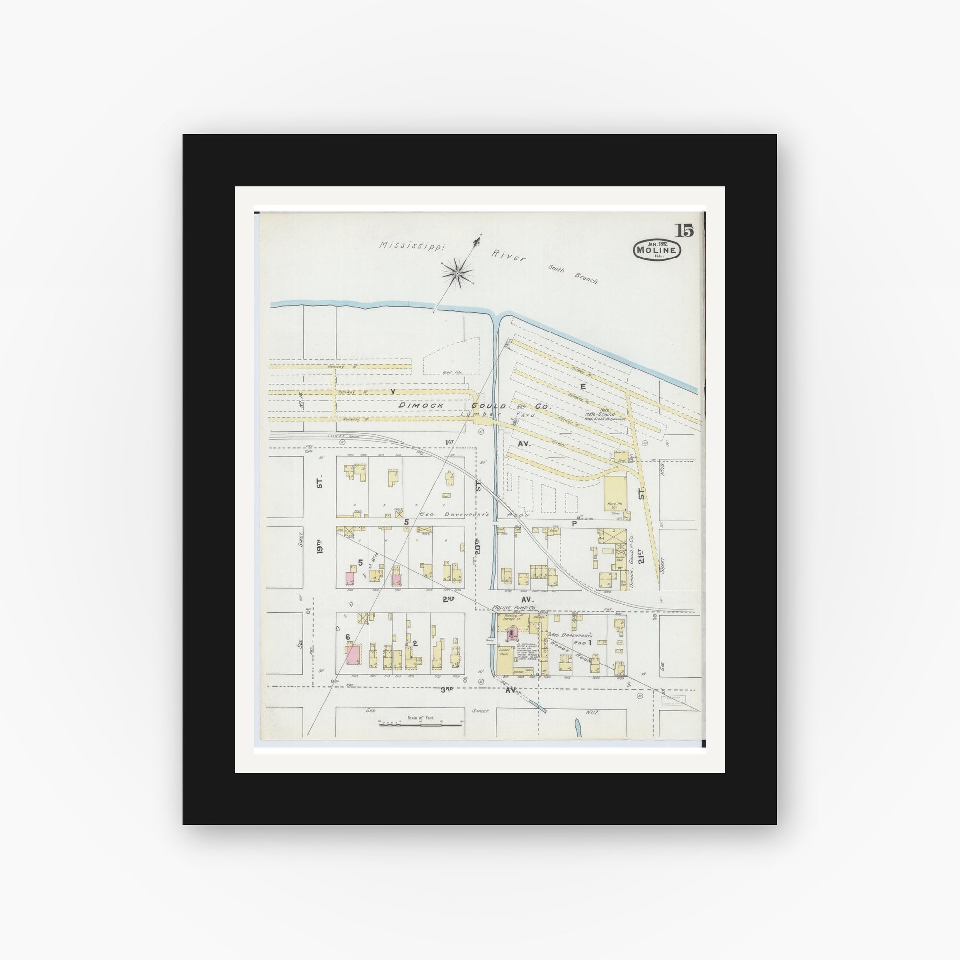 Old map wall art mockup — black gallery frame with white mat — Sanborn Fire Insurance Map from Moline, Rock Island County, Illinois (1892), Sheet #0015
