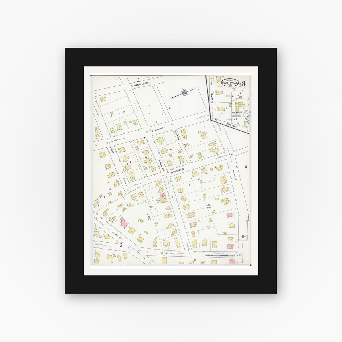 Old map wall art mockup — black gallery frame with white mat — Sanborn Fire Insurance Map from Platteville, Grant County, Wisconsin (1915), Sheet #0003