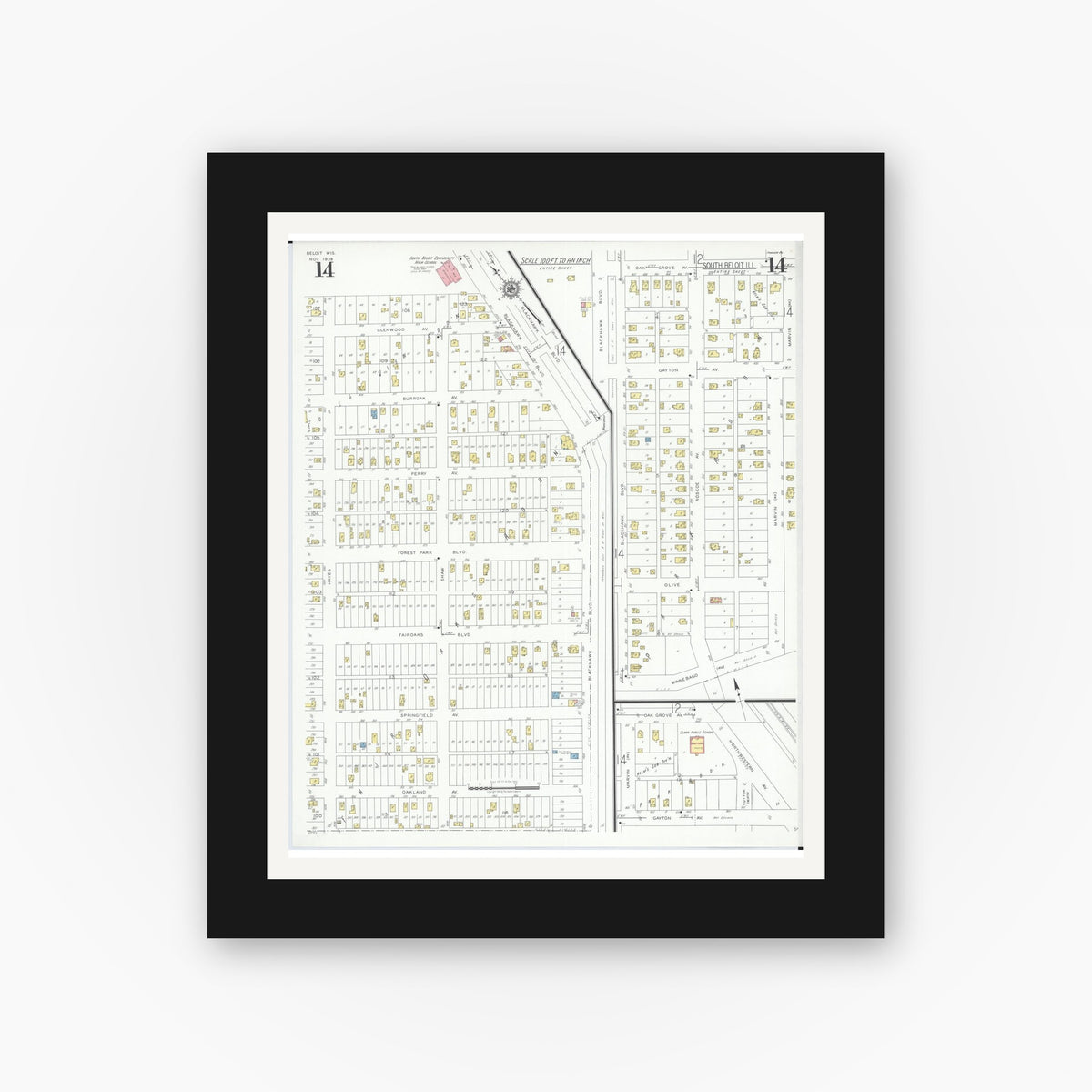 Old map wall art mockup — black gallery frame with white mat — Sanborn Fire Insurance Map from Beloit, Rock County, Wisconsin (1939), Sheet #0014