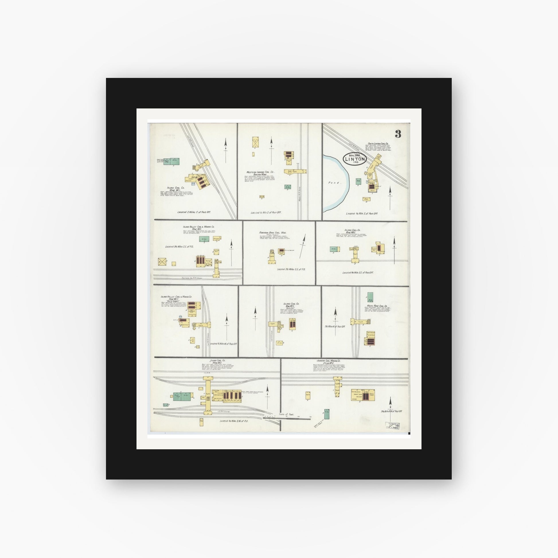 Old map wall art mockup — black gallery frame with white mat — Sanborn Fire Insurance Map from Linton, Greene County, Indiana (1904), Sheet #0003