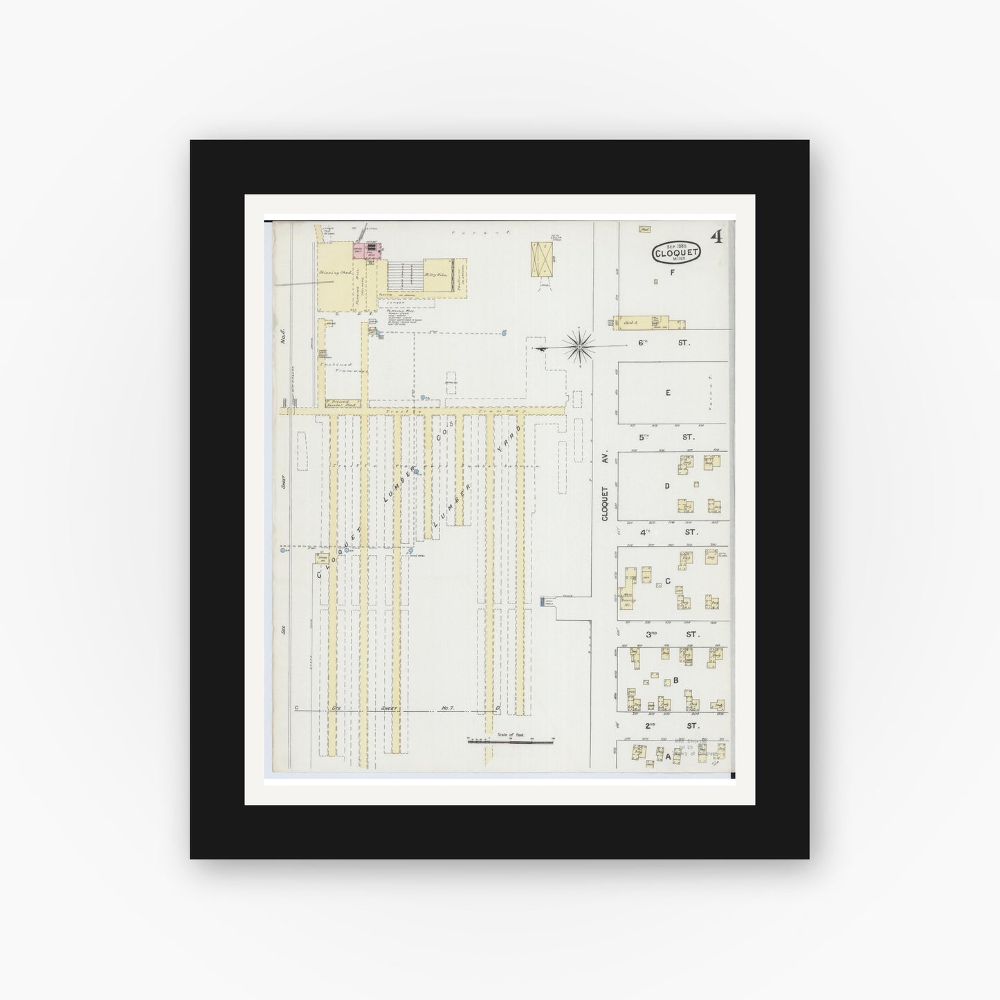 Old map wall art mockup — black gallery frame with white mat — Sanborn Fire Insurance Map from Cloquet, Carlton County, Minnesota (1888), Sheet #0004