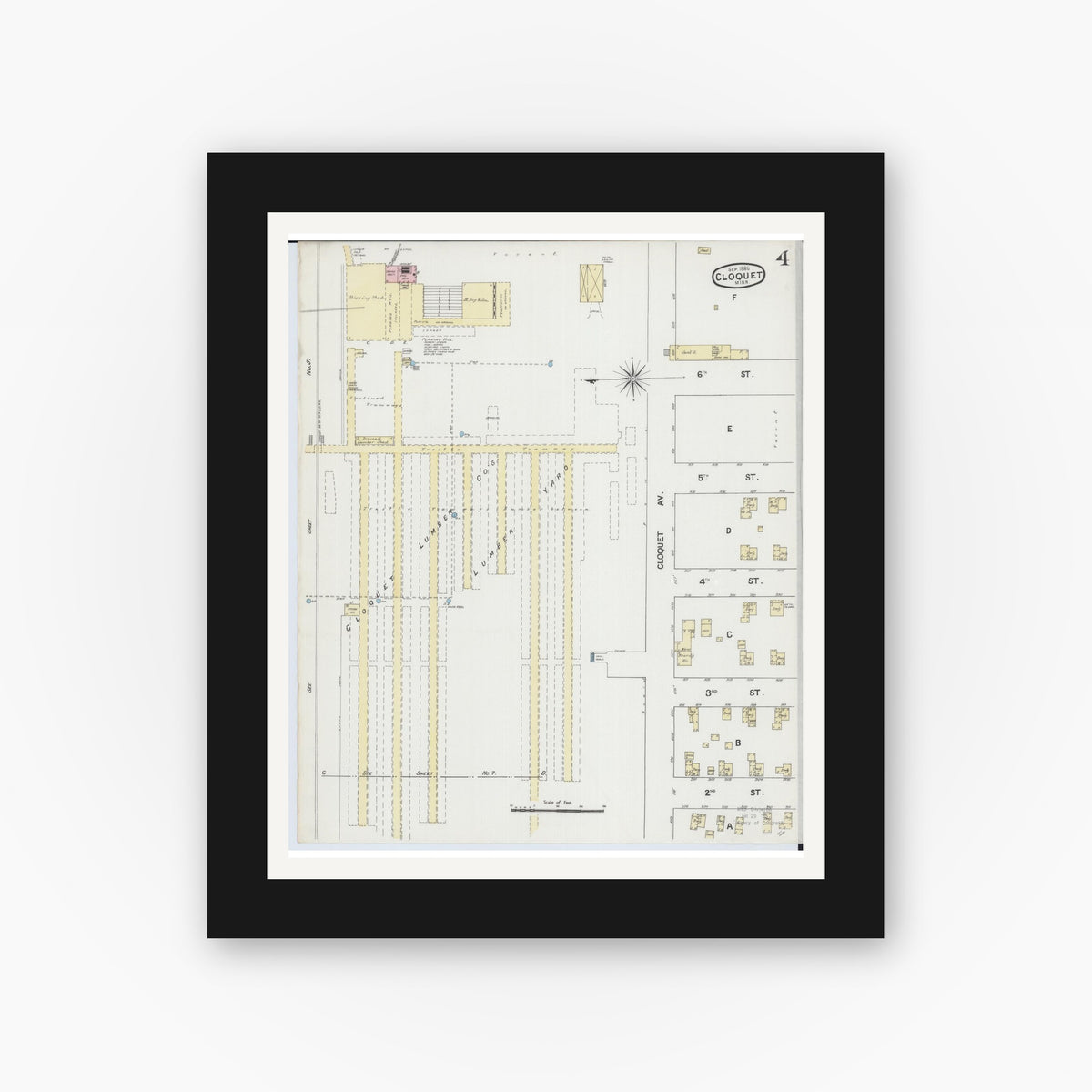 Old map wall art mockup — black gallery frame with white mat — Sanborn Fire Insurance Map from Cloquet, Carlton County, Minnesota (1888), Sheet #0004