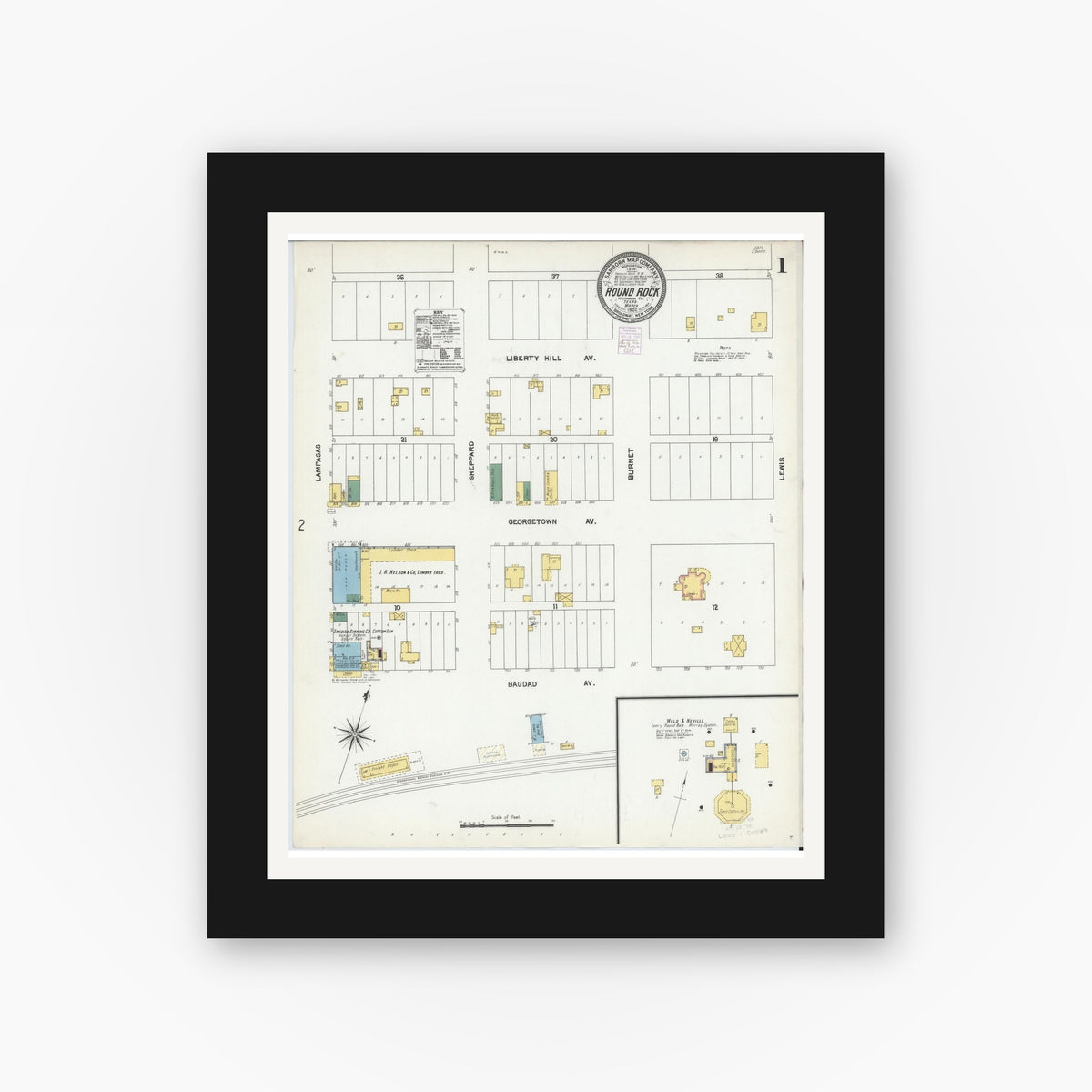 Old map wall art mockup — black gallery frame with white mat — Sanborn Fire Insurance Map from Round Rock, Williamson County, Texas (1902), Sheet #0001