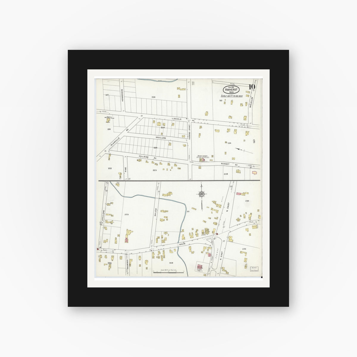 Old map wall art mockup — black gallery frame with white mat — Sanborn Fire Insurance Map from Amherst, Hampshire County, Massachusetts (1916), Sheet #0010