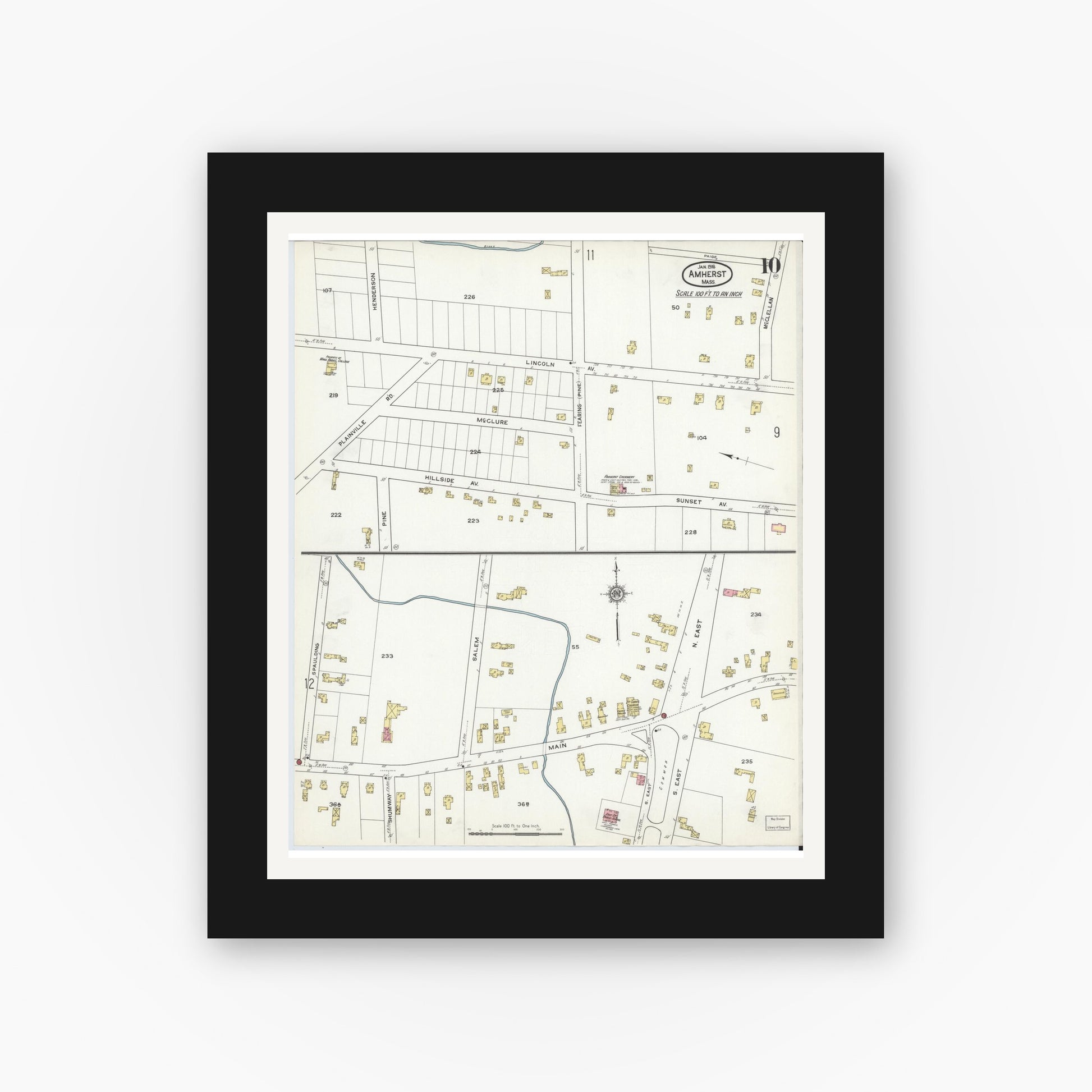 Old map wall art mockup — black gallery frame with white mat — Sanborn Fire Insurance Map from Amherst, Hampshire County, Massachusetts (1916), Sheet #0010