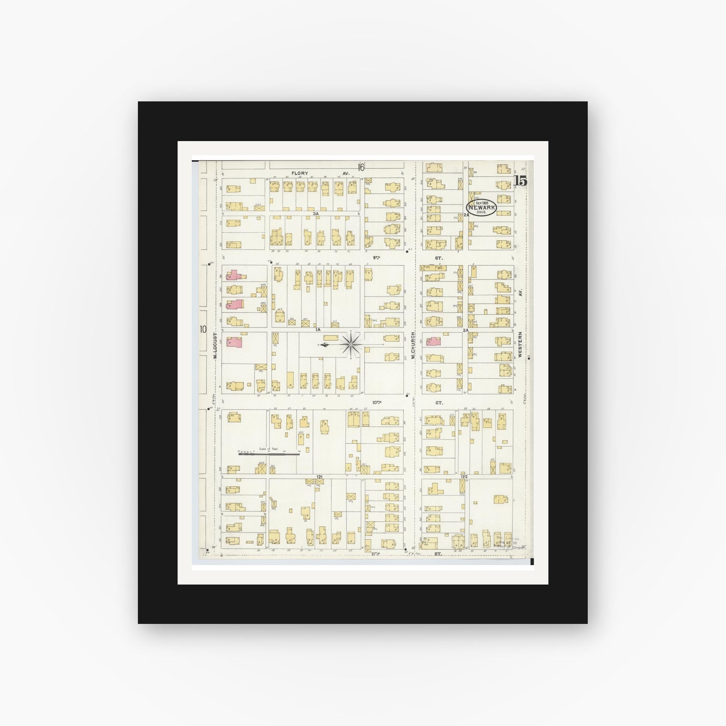 Old map wall art mockup — black gallery frame with white mat — Sanborn Fire Insurance Map from Newark, Licking County, Ohio (1905), Sheet #0015