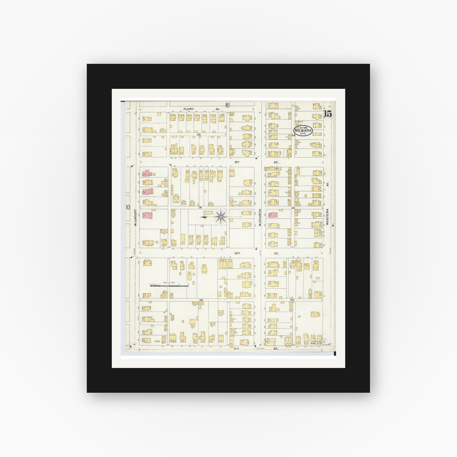 Old map wall art mockup — black gallery frame with white mat — Sanborn Fire Insurance Map from Newark, Licking County, Ohio (1905), Sheet #0015