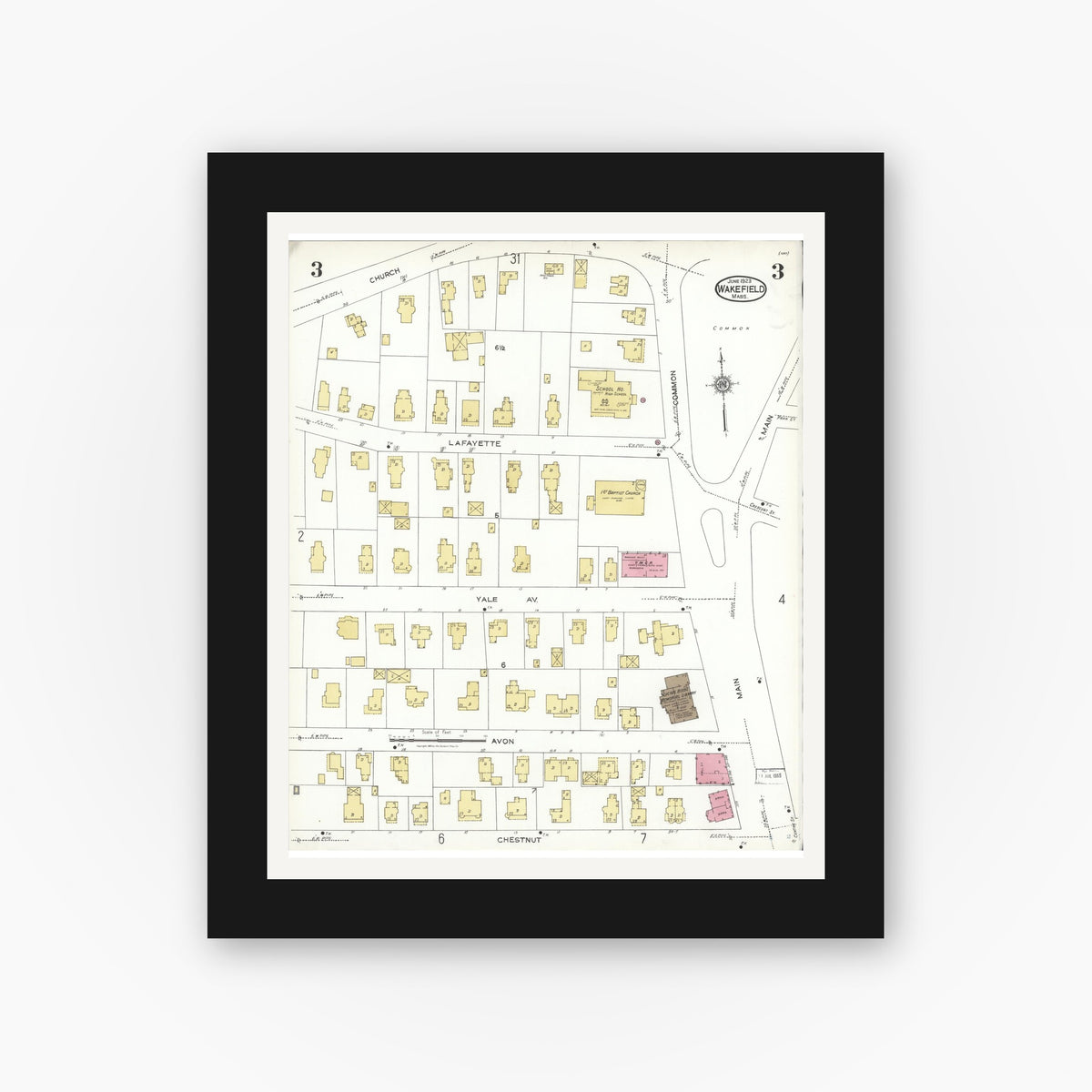 Old map wall art mockup — black gallery frame with white mat — Sanborn Fire Insurance Map from Wakefield, Middlesex County, Massachusetts (1923), Sheet #0003