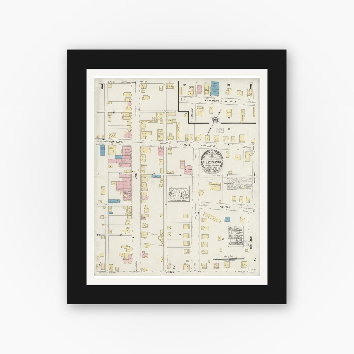 Old map wall art mockup — black gallery frame with white mat — Sanborn Fire Insurance Map from Slippery Rock, Butler County, Pennsylvania (1925) - Complete Map Set