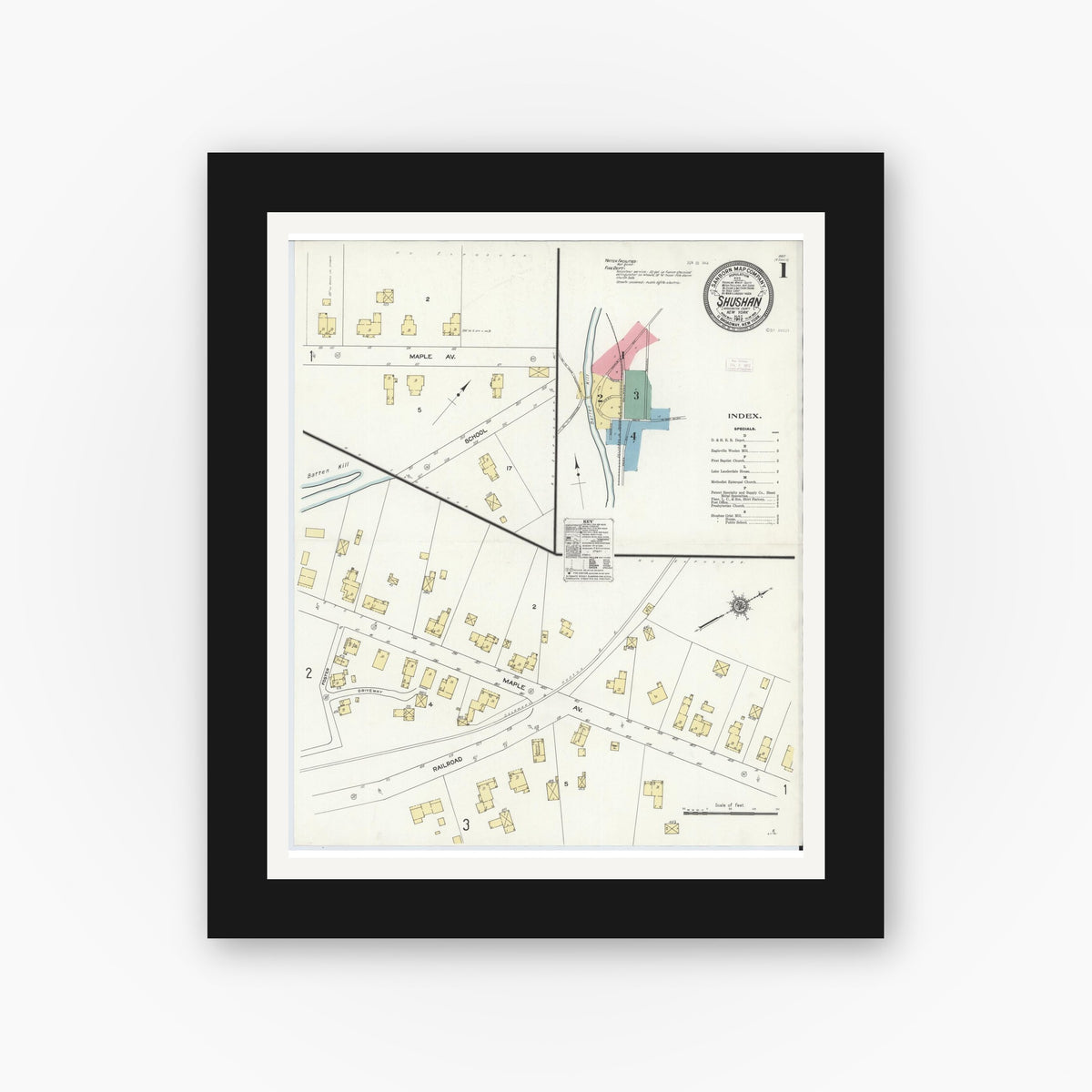 Old map wall art mockup — black gallery frame with white mat — Sanborn Fire Insurance Map from Shushan, Washington County, New York (1912) - Complete Map Set
