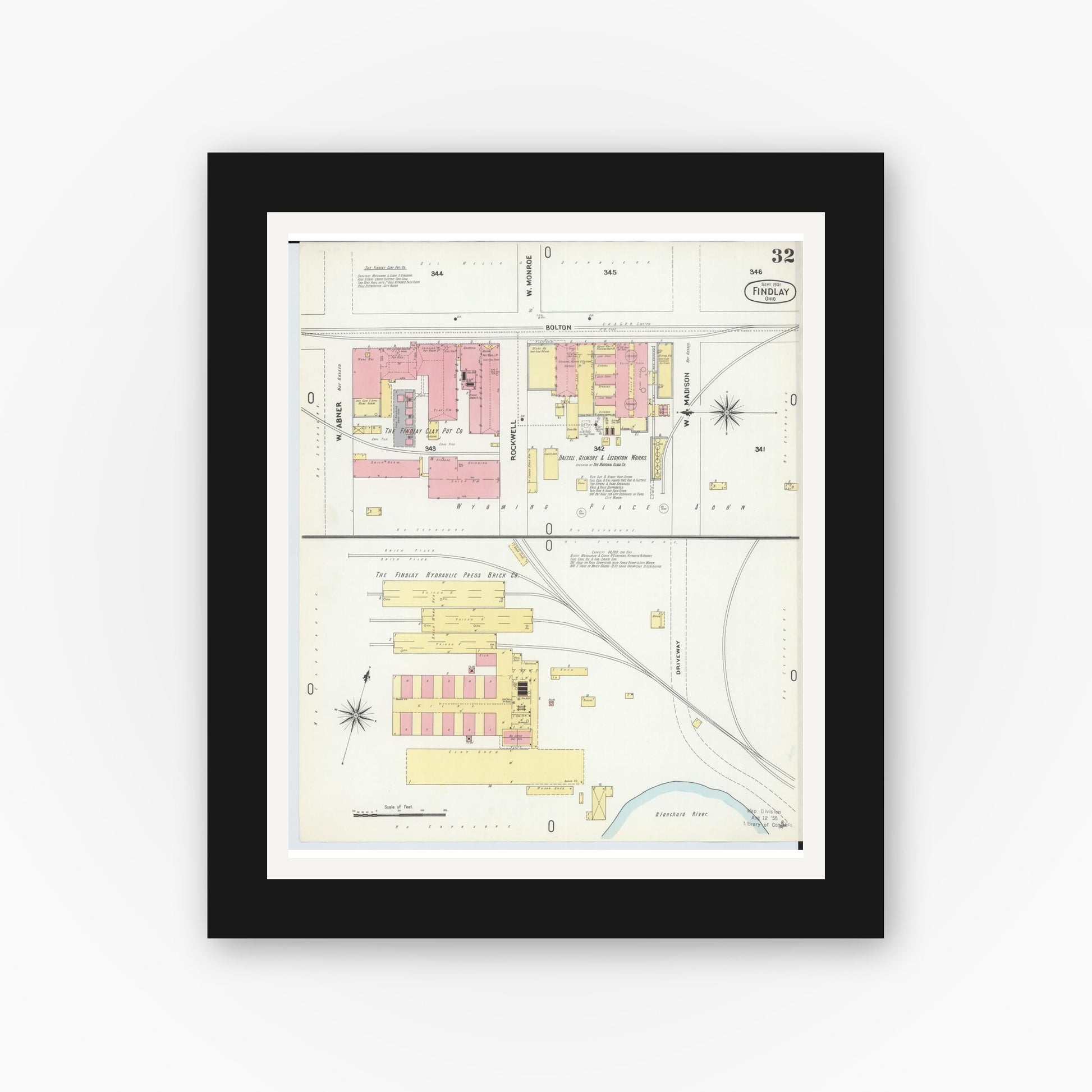 Old map wall art mockup — black gallery frame with white mat — Sanborn Fire Insurance Map from Findlay, Hancock County, Ohio (1901), Sheet #0032