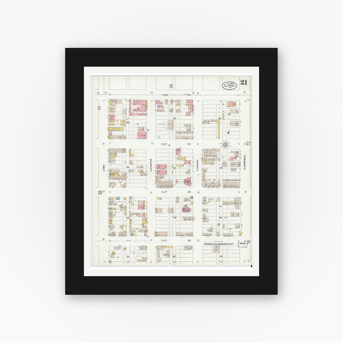 Old map wall art mockup — black gallery frame with white mat — Sanborn Fire Insurance Map from El Paso, El Paso County, Texas (1900), Sheet #0021