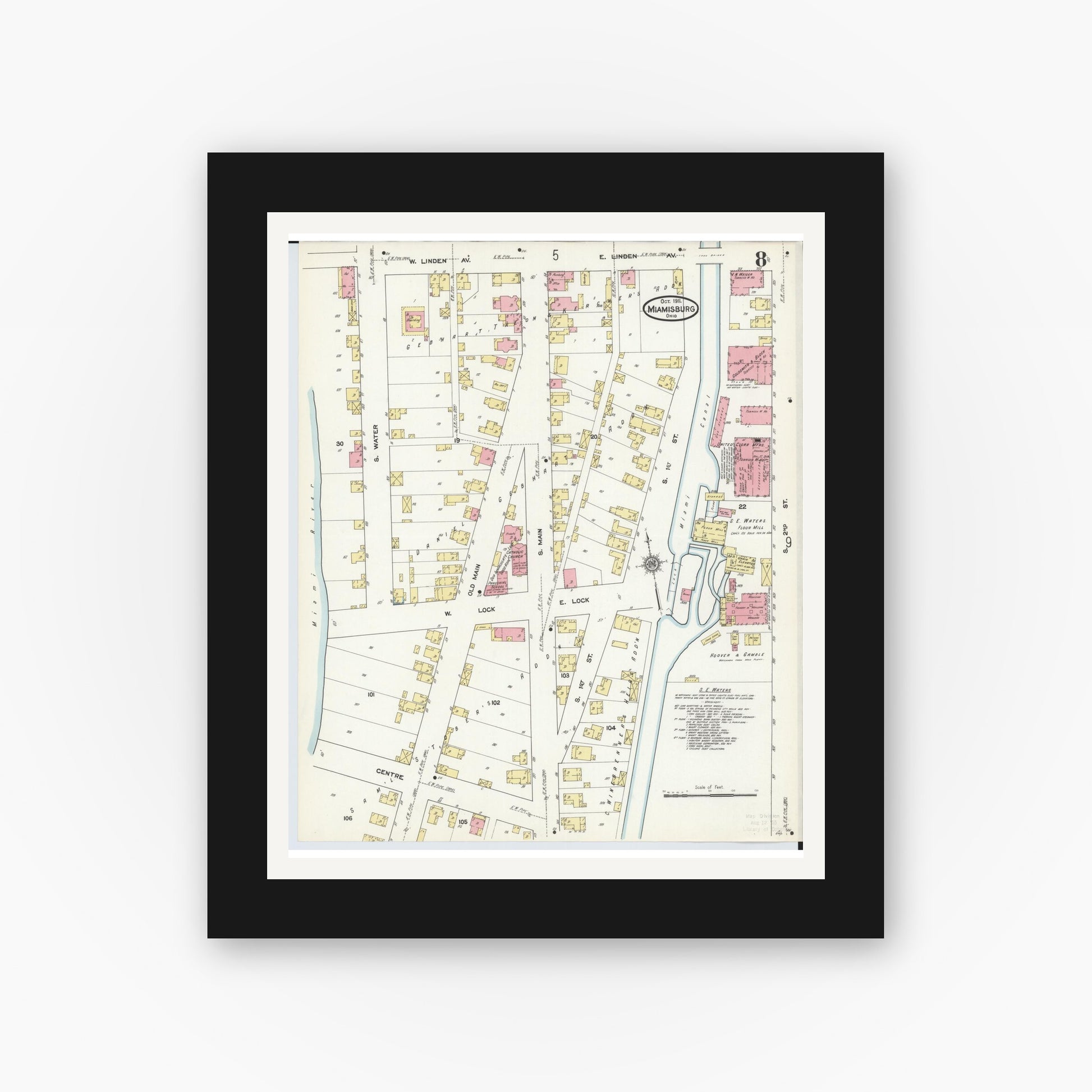 Old map wall art mockup — black gallery frame with white mat — Sanborn Fire Insurance Map from Miamisburg, Montgomery County, Ohio (1911), Sheet #0008