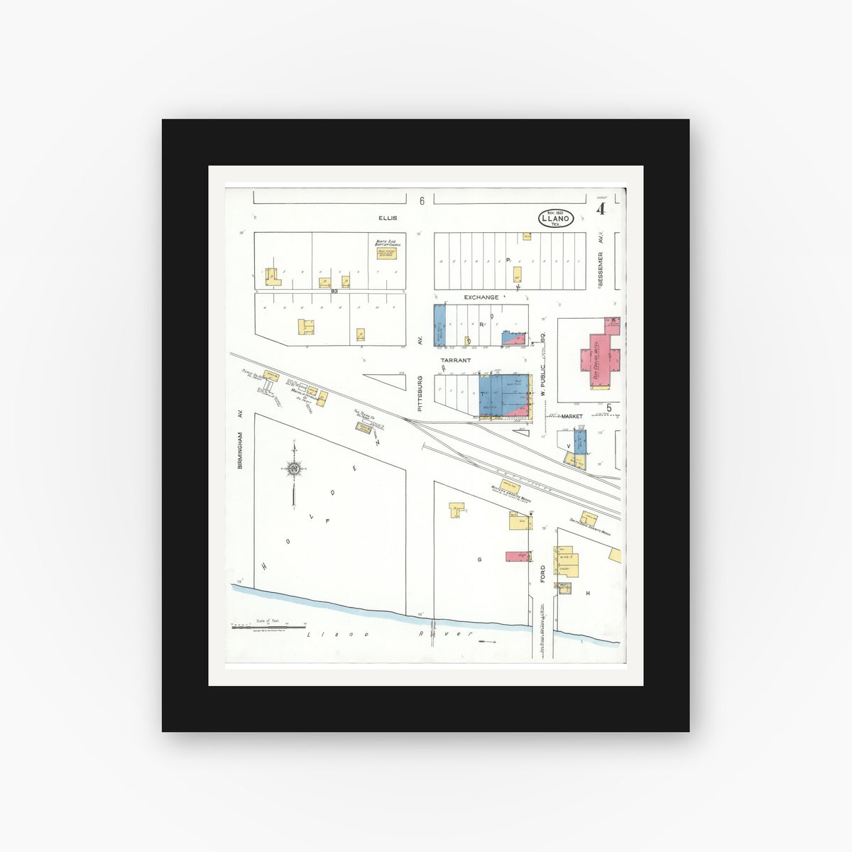 Old map wall art mockup — black gallery frame with white mat — Sanborn Fire Insurance Map from Llano, Llano County, Texas (1921), Sheet #0004
