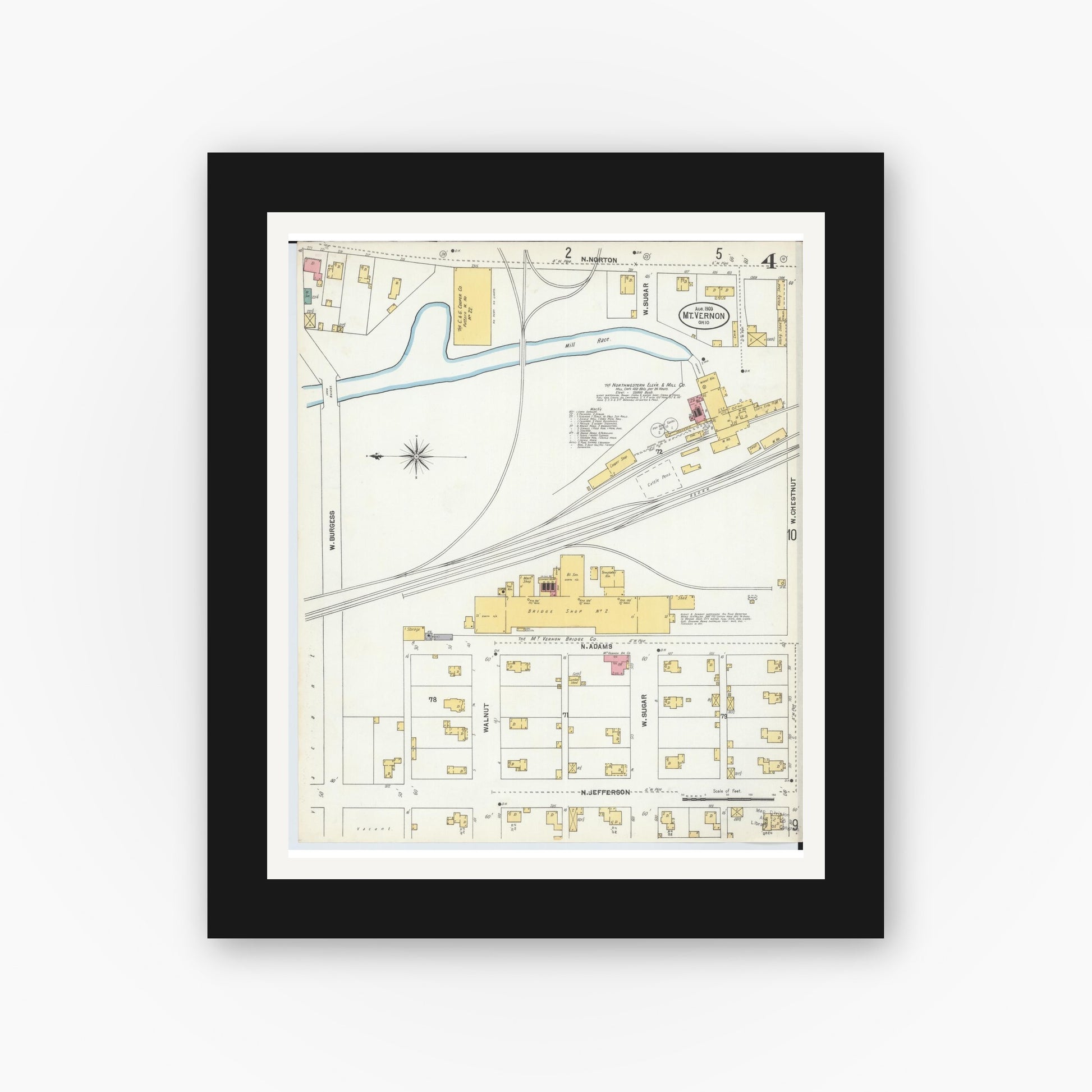 Old map wall art mockup — black gallery frame with white mat — Sanborn Fire Insurance Map from Mount Vernon, Knox County, Ohio (1903), Sheet #0004