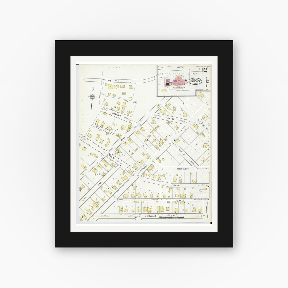 Old map wall art mockup — black gallery frame with white mat — Sanborn Fire Insurance Map from Hancock, Houghton County, Michigan (1917), Sheet #0012