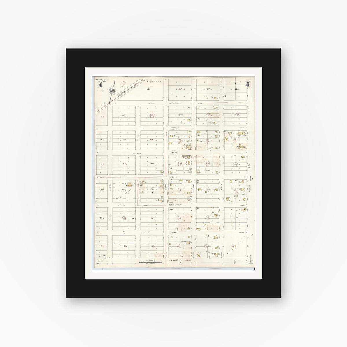 Old map wall art mockup — black gallery frame with white mat — Sanborn Fire Insurance Map from Runge, Karnes County, Texas (1944), Sheet #0004