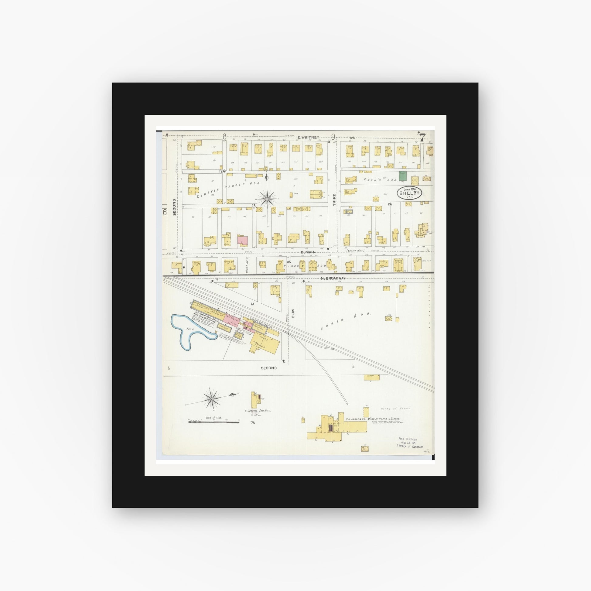 Old map wall art mockup — black gallery frame with white mat — Sanborn Fire Insurance Map from Shelby, Richland County, Ohio (1904), Sheet #0007