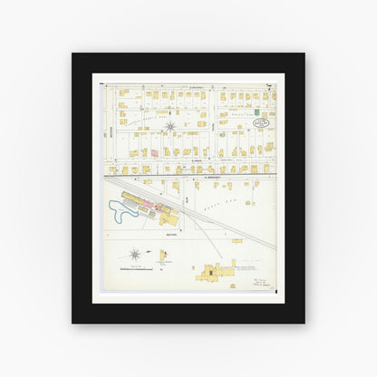 Old map wall art mockup — black gallery frame with white mat — Sanborn Fire Insurance Map from Shelby, Richland County, Ohio (1904), Sheet #0007