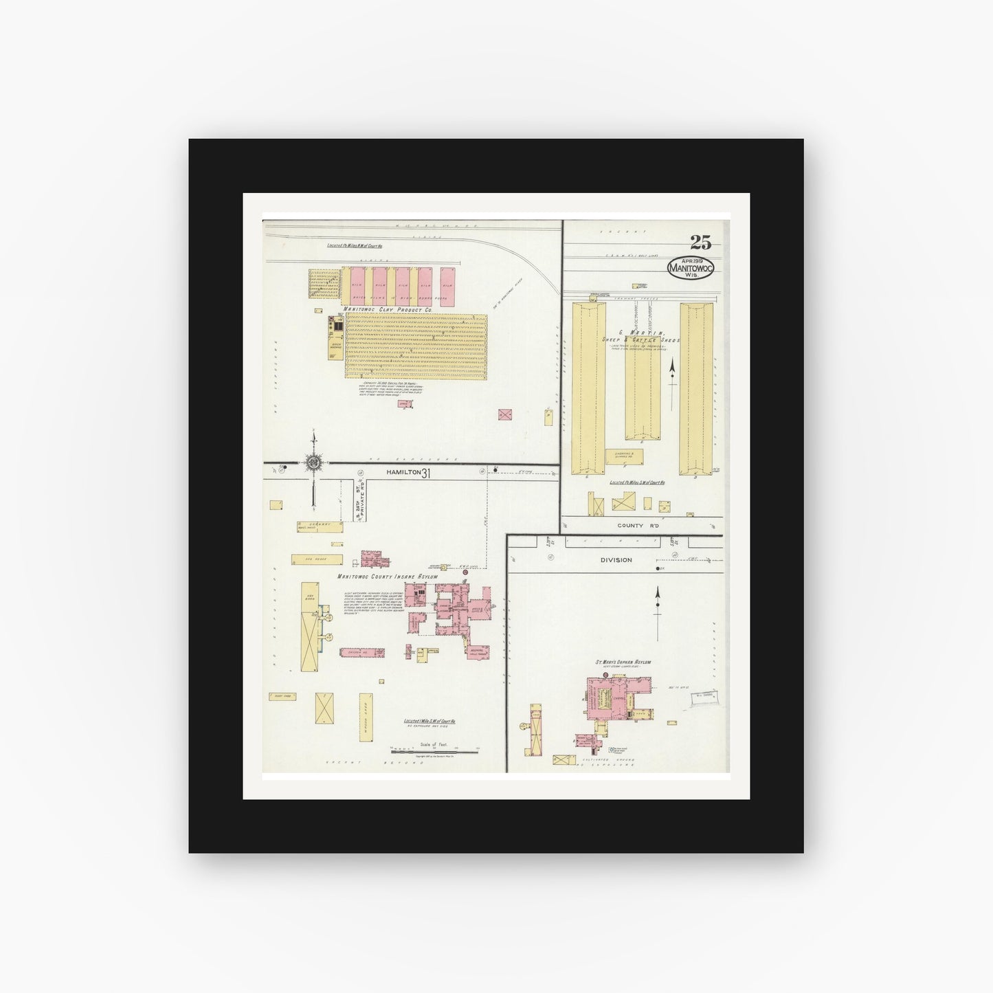 Old map wall art mockup — black gallery frame with white mat — Sanborn Fire Insurance Map from Manitowoc, Manitowoc County, Wisconsin (1919), Sheet #0025