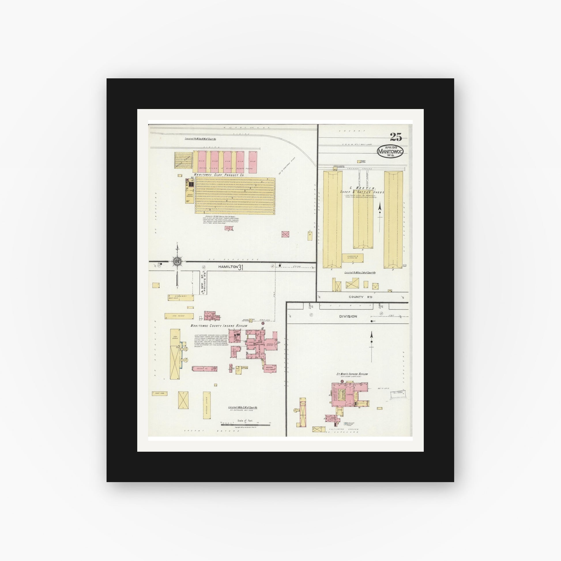Old map wall art mockup — black gallery frame with white mat — Sanborn Fire Insurance Map from Manitowoc, Manitowoc County, Wisconsin (1919), Sheet #0025