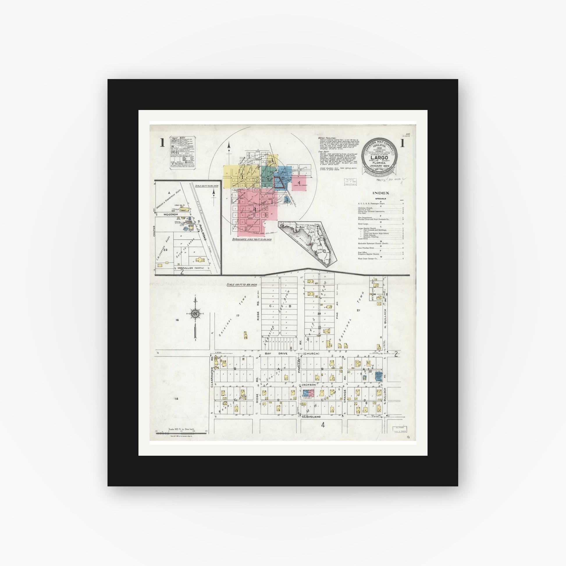 Old map wall art mockup — black gallery frame with white mat — Sanborn Fire Insurance Map from Largo, Pinellas County, Florida (1926), Sheet #0001