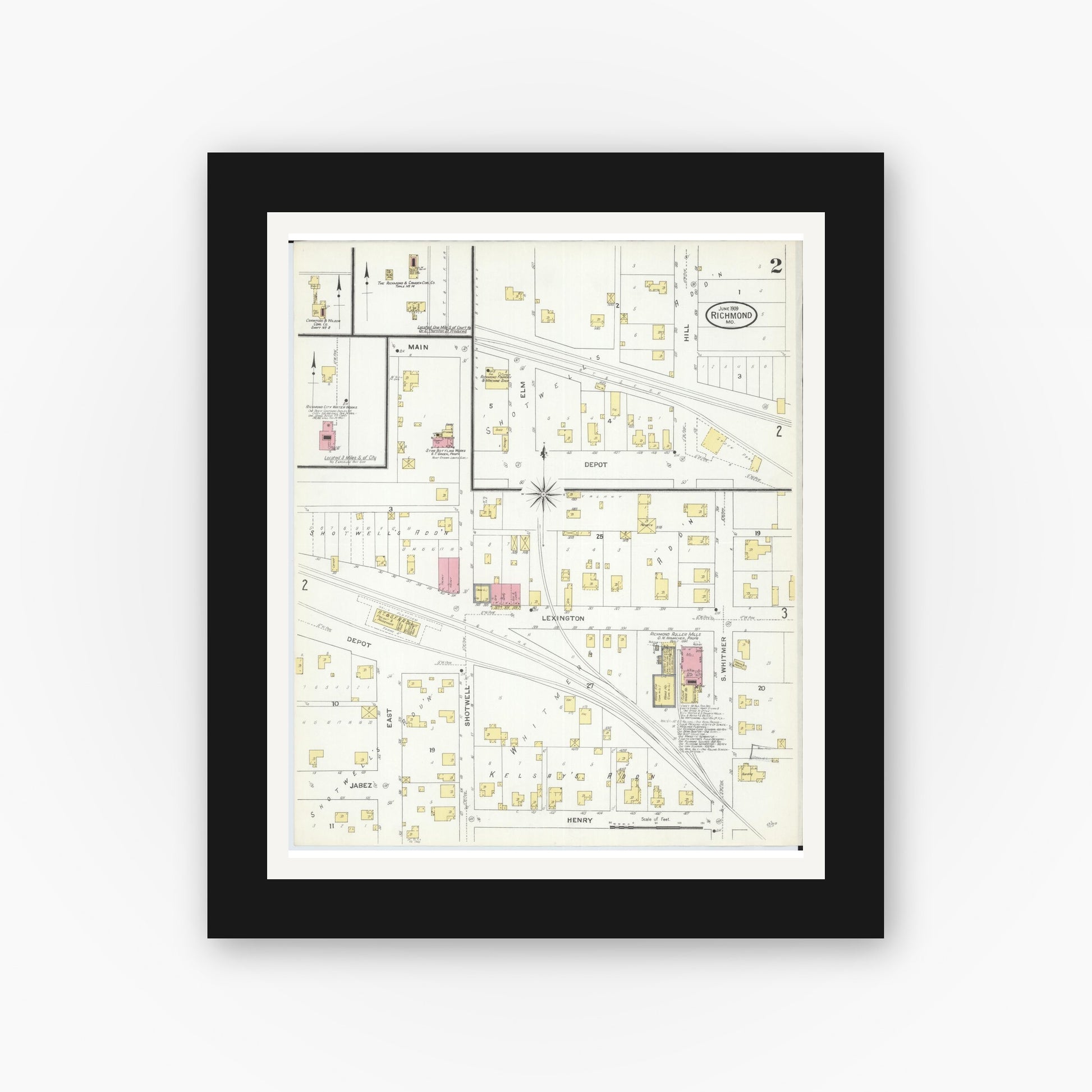 Old map wall art mockup — black gallery frame with white mat — Sanborn Fire Insurance Map from Richmond, Ray County, Missouri (1909), Sheet #0002