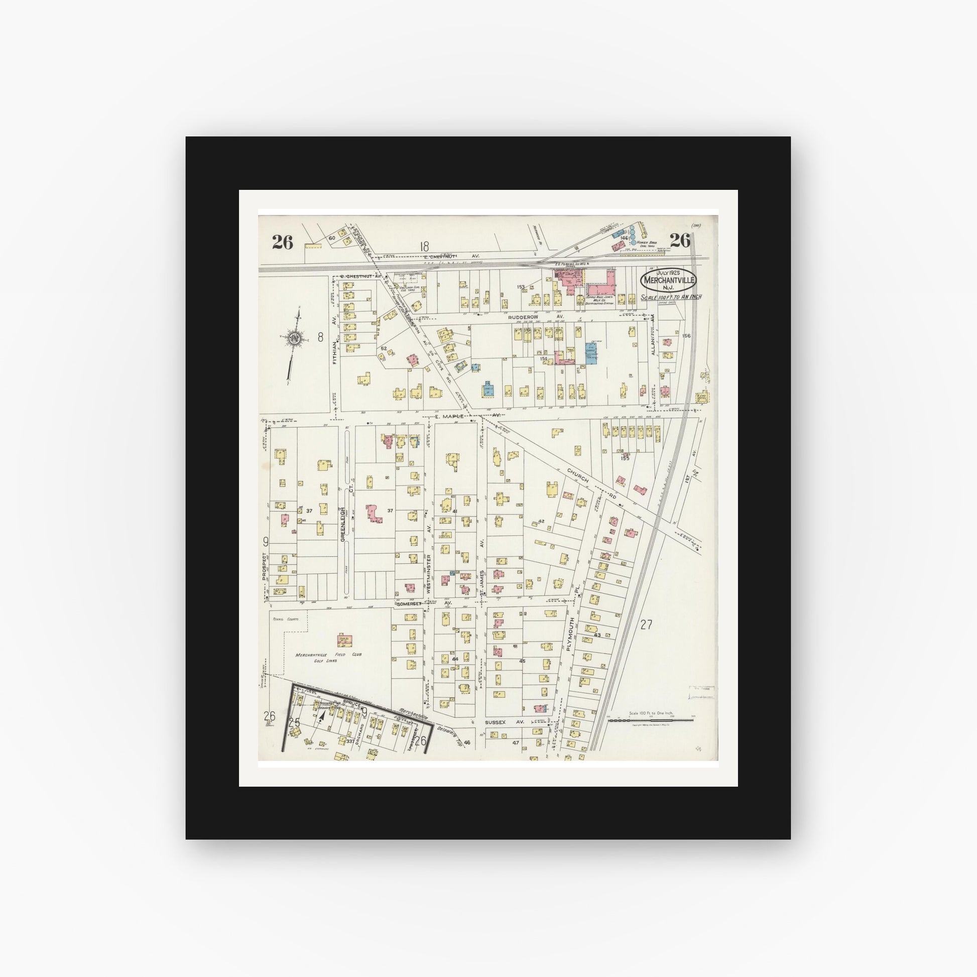 Old map wall art mockup — black gallery frame with white mat — Sanborn Fire Insurance Map from Merchantville, Camden County, New Jersey (1925), Sheet #0026