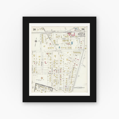 Old map wall art mockup — black gallery frame with white mat — Sanborn Fire Insurance Map from Merchantville, Camden County, New Jersey (1925), Sheet #0026
