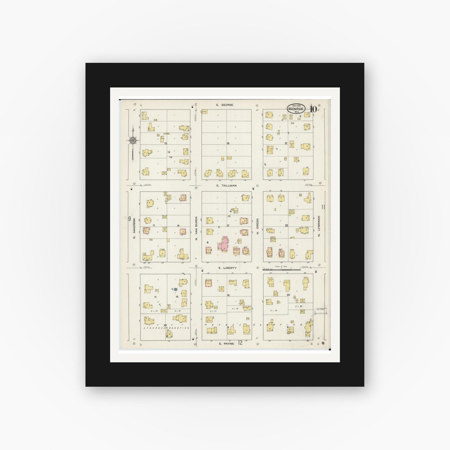 Old map wall art mockup — black gallery frame with white mat — Sanborn Fire Insurance Map from Monroe, Green County, Wisconsin (1915), Sheet #0010