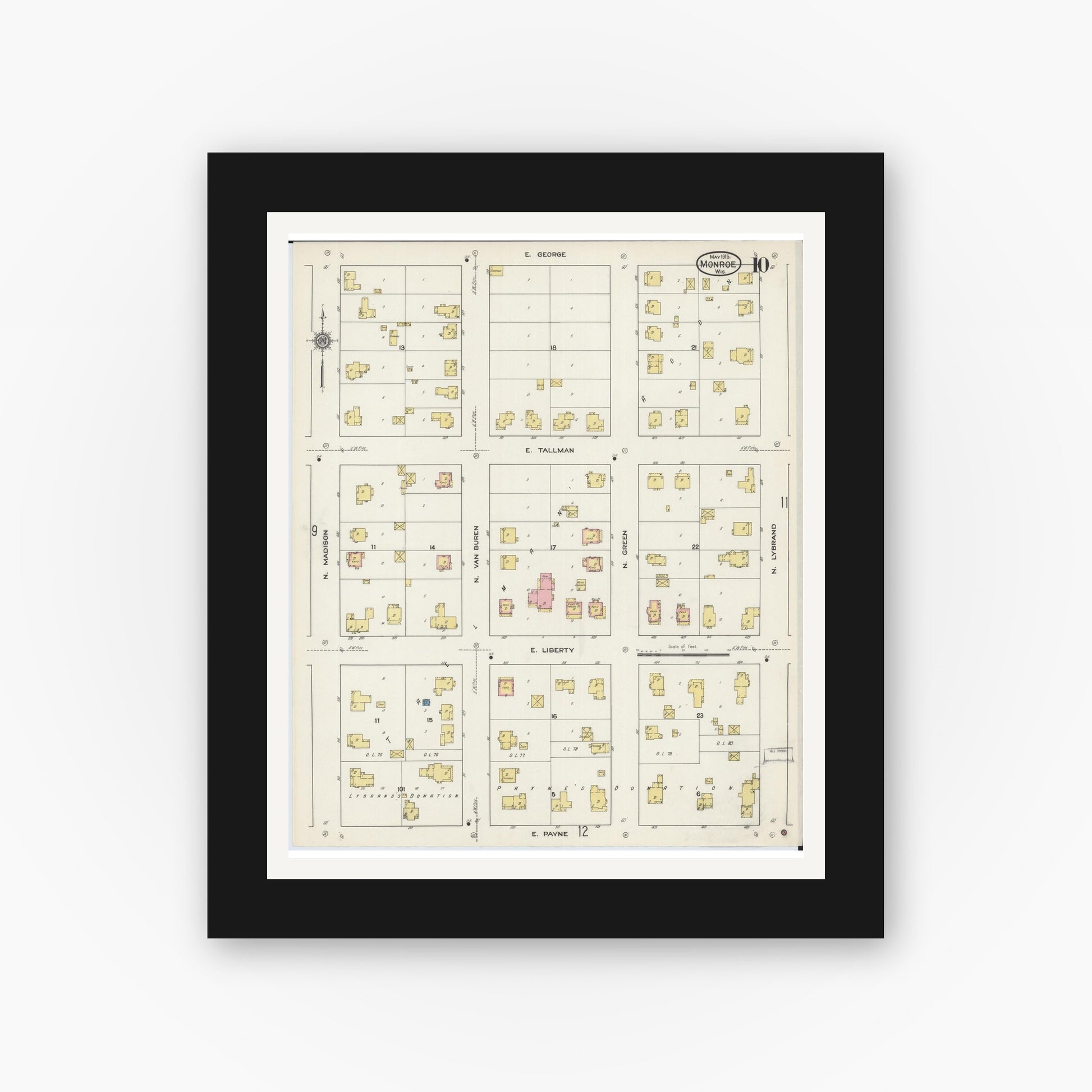 Old map wall art mockup — black gallery frame with white mat — Sanborn Fire Insurance Map from Monroe, Green County, Wisconsin (1915), Sheet #0010