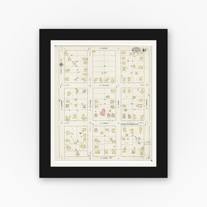Old map wall art mockup — black gallery frame with white mat — Sanborn Fire Insurance Map from Monroe, Green County, Wisconsin (1915), Sheet #0010