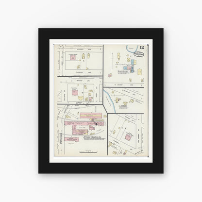 Old map wall art mockup — black gallery frame with white mat — Sanborn Fire Insurance Map from Freeport, Stephenson County, Illinois (1890), Sheet #0012